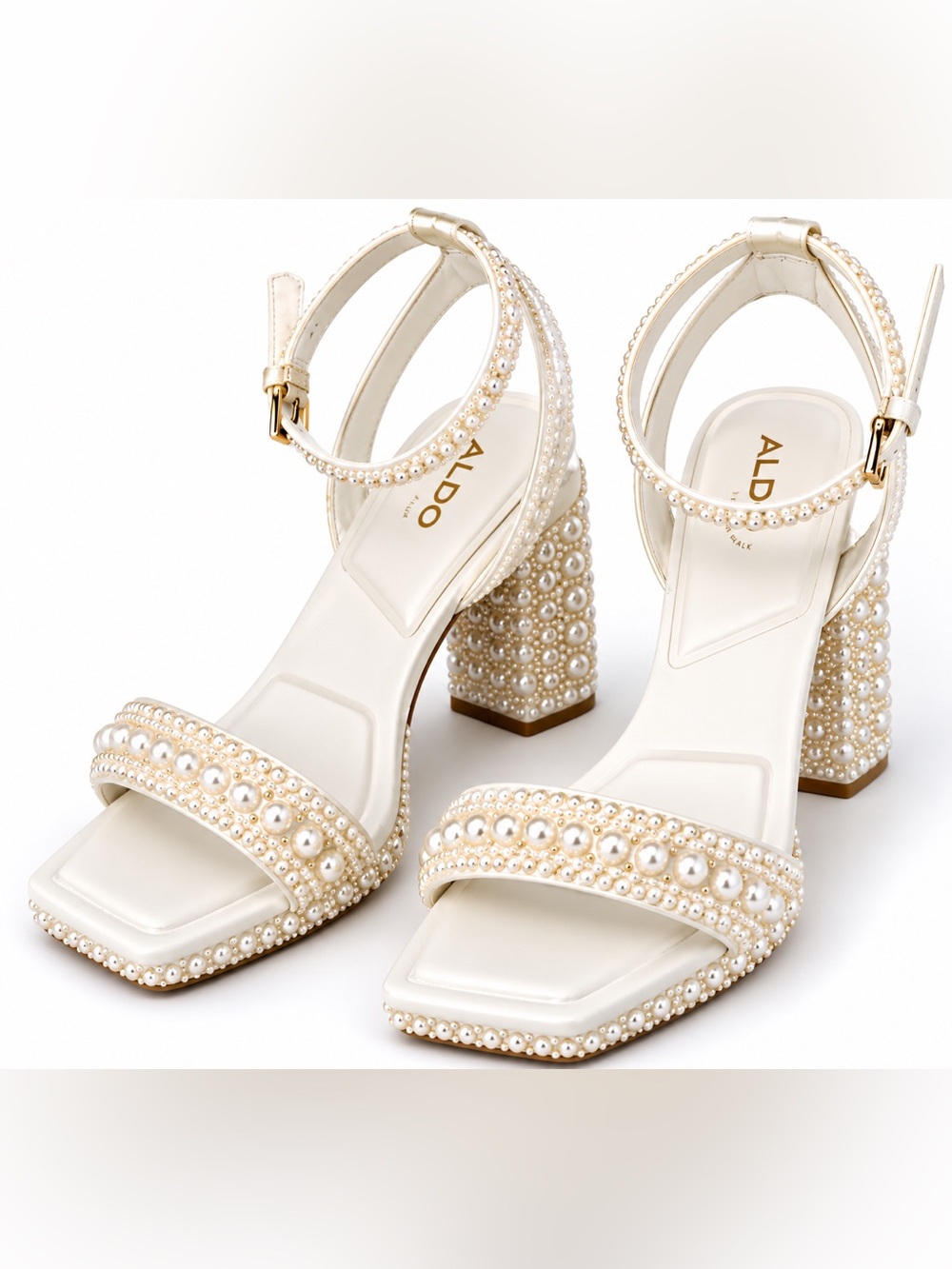 ALDO Pearl Embellished Block Heel Sandals White/Ivory Size 7 Bridal Wedding
